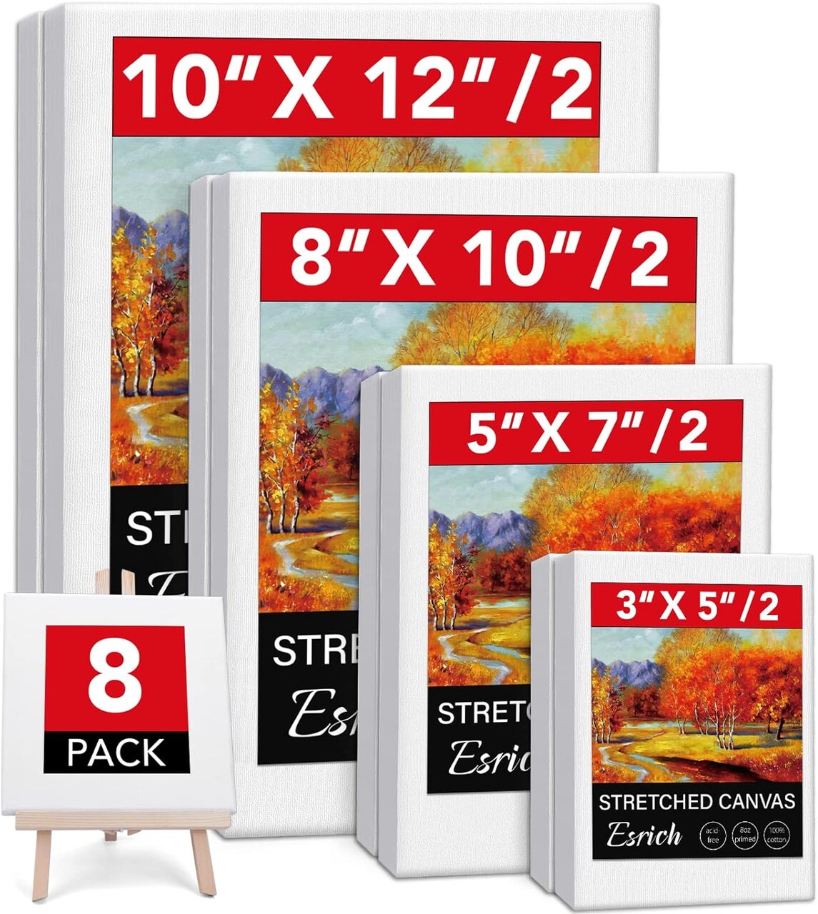 Stretched canvases for painting 8PCS Multi Pack Canvas (3×5", 5×7", 8×10", 10×12"), Acid-Free Wood Frame Blank Canvas, Art Canvas Pre-Primed for Acrylic, Oil, and Tempera Paintings.